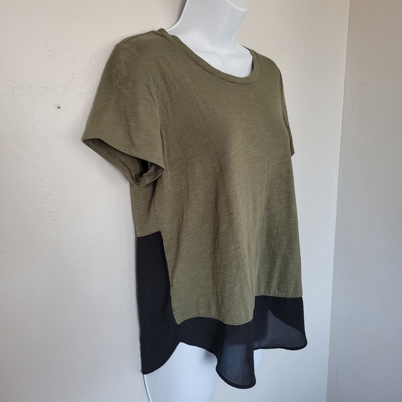Express Women's Small Short Sleeve Blouse Top Olive Green Black Chiffon Trim - Picture 4 of 7
